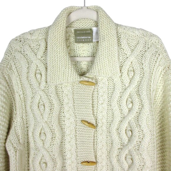 Liz Claiborne Cardigan Sweater Size L Vintage Hand Knit Wood Buttons Cable Knit - Picture 2 of 7